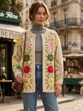 Vintage Hand Loomed 100% Virgin Wool Embroidered Floral Sweater M Boho